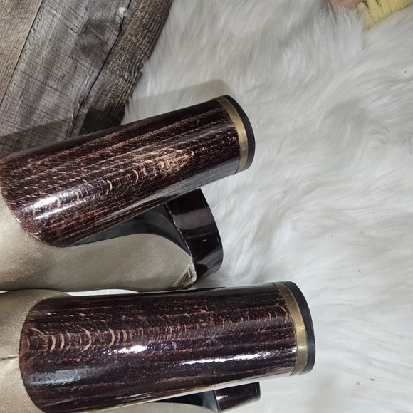 Stella McCartney Taupe Silk Wooden Heel Platform Pumps EU 38 - Picture 11 of 16